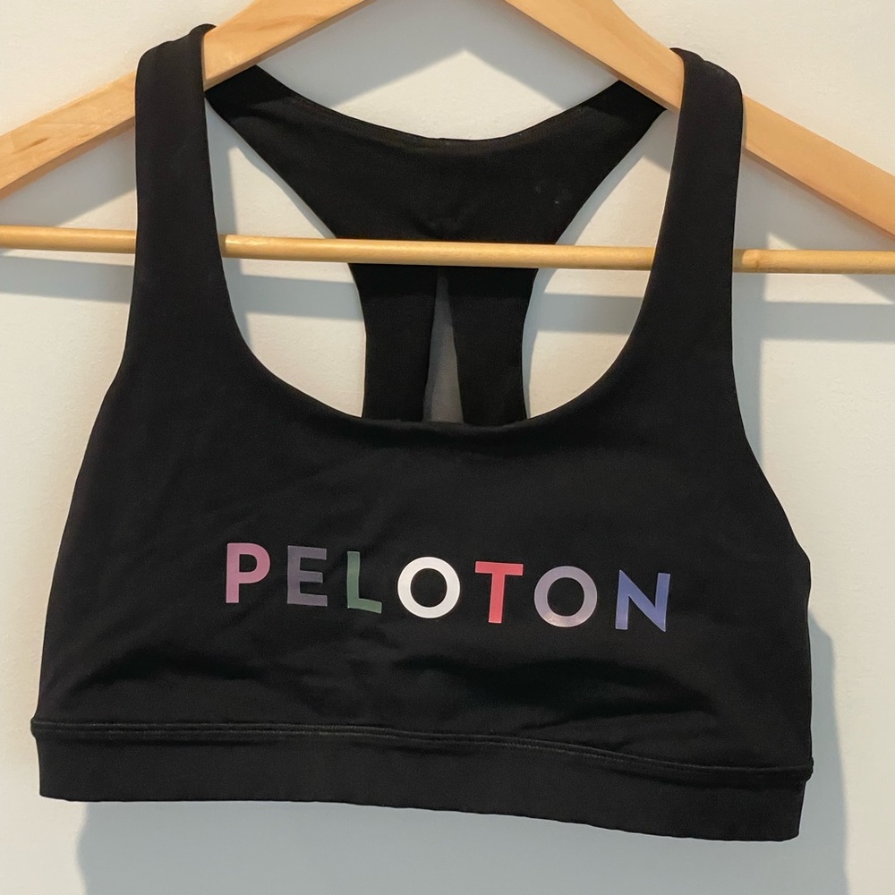 LuluLemon Peloton‎ Multicolor Logo Black Sports Bra Size 6